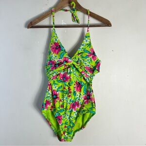 Leilani Green Pink One piece Floral Halter Swimsuit Size 4